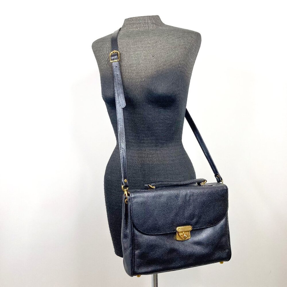 Crouch & Fitzgerald Crossbody Bag Pebbled Leather Black Satchel Turn Lock Vtg